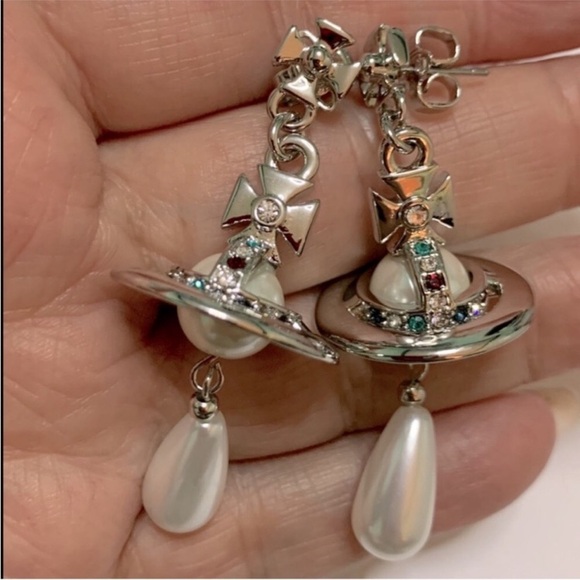 Saturn Jewelry - silver Saturn 🪐 orb pearl drop earrings 18k gold plated silver New